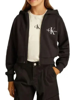 Sweat à capuche zippé en coton noir uni avec une coupe crop top et le logo