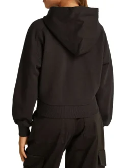 Sweat à capuche zippé en coton noir uni avec une coupe crop top et le logo