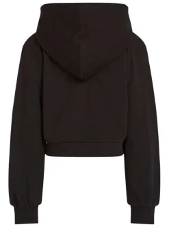 Sweat à capuche zippé en coton noir uni avec une coupe crop top et le logo