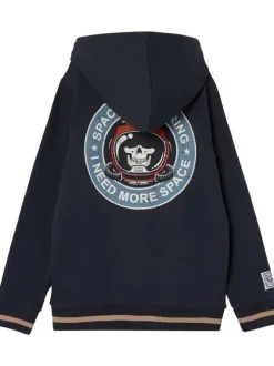 Sweat à capuche zippé marine avec flocage sur l'astronomie et une coupe droite