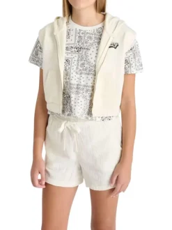 Sweat à capuche zippé sans manches blanc uni à coupe courte avec des poches