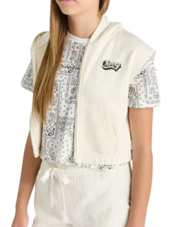 Sweat à capuche zippé sans manches blanc uni à coupe courte avec des poches