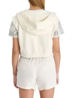 Sweat à capuche zippé sans manches blanc uni à coupe courte avec des poches