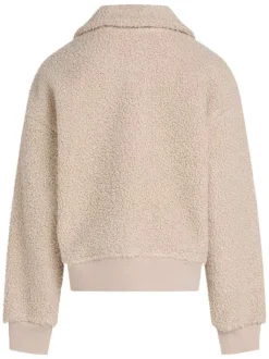 Sweat beige sherpa à coupe droite avec col à revers, manches longues et logo