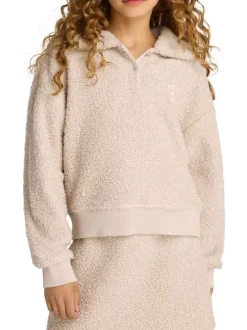 Sweat beige sherpa à coupe droite avec col à revers, manches longues et logo