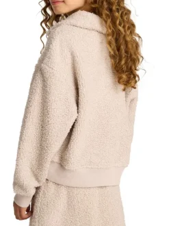 Sweat beige sherpa à coupe droite avec col à revers, manches longues et logo