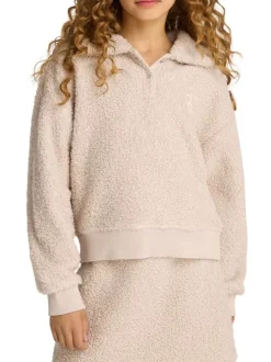 Sweat beige sherpa à coupe droite avec col à revers, manches longues et logo