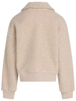 Sweat beige sherpa à coupe droite avec col à revers, manches longues et logo