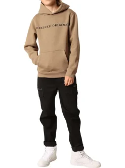 Sweat beige uni avec un col à capuche et une poche traversante