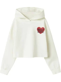 Sweat blanc à imprimé avant et arrière, coupe droite et col à capuche