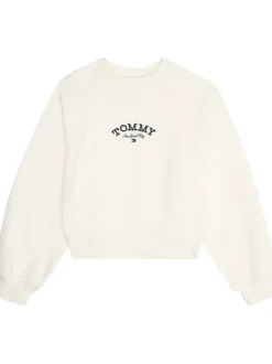 Sweat blanc uni à coupe droite col rond et petit logo brodé devant