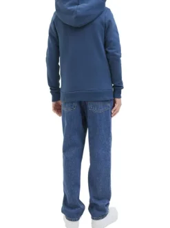 Sweat bleu à motifs avec un col à capuche et une coupe droite