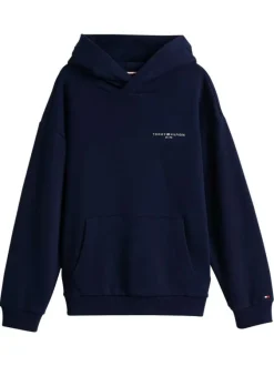 Sweat bleu marine à capuche en coton mélangé avec logo blanc et coupe droite