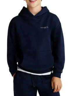 Sweat bleu marine à capuche en coton mélangé avec logo blanc et coupe droite