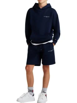 Sweat bleu marine à capuche en coton mélangé avec logo blanc et coupe droite