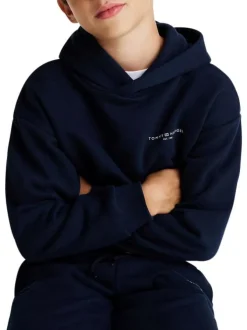 Sweat bleu marine à capuche en coton mélangé avec logo blanc et coupe droite