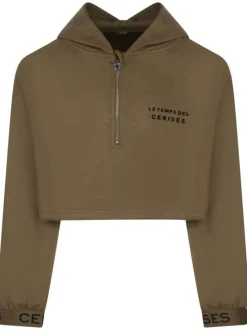 Sweat chocolat uni à coupe large avec col à capuche, demi-zip et logo noir