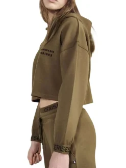 Sweat chocolat uni à coupe large avec col à capuche, demi-zip et logo noir