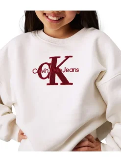 Sweat écru avec monogrammes rouge, coupe droite et un col rond