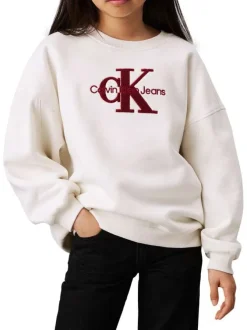 Sweat écru avec monogrammes rouge, coupe droite et un col rond