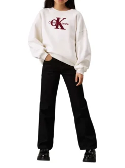 Sweat écru avec monogrammes rouge, coupe droite et un col rond