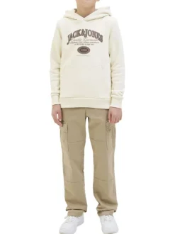 Sweat écru avec un motif une coupe droite et un col à capuche