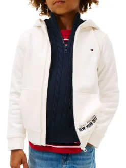 Sweat écru uni en coton avec un col à capuche et fermeture à glissière