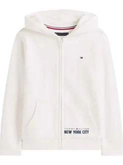 Sweat écru uni en coton avec un col à capuche et fermeture à glissière