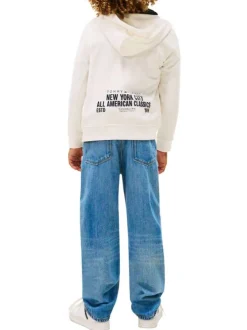 Sweat écru uni en coton avec un col à capuche et fermeture à glissière