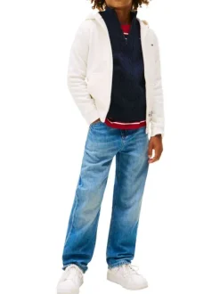 Sweat écru uni en coton avec un col à capuche et fermeture à glissière