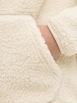 Sweat écru uni en sherpa avec une coupe droite et un col à capuche