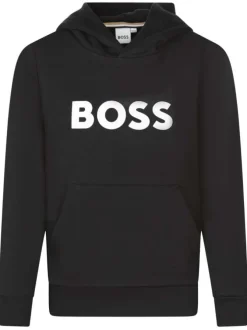 Sweat en coton à capuche noir uni coupe droite avec une grande poche