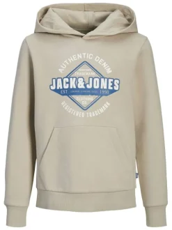 Sweat en coton beige à coupe ample avec imprimé bleu et blanc et col à capuche
