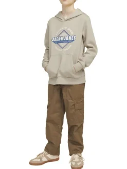 Sweat en coton beige à coupe ample avec imprimé bleu et blanc et col à capuche