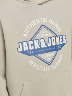 Sweat en coton beige à coupe ample avec imprimé bleu et blanc et col à capuche