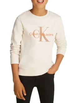Sweat en coton beige uni avec un col rond et le nom de la marque imprimé