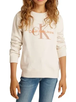 Sweat en coton beige uni avec un col rond et le nom de la marque imprimé