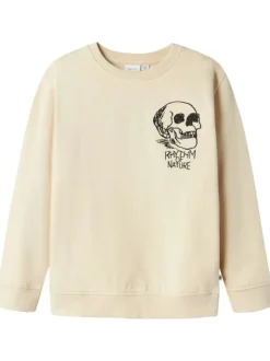 Sweat en coton biologique beige avec un col rond et une tête de mort brodée