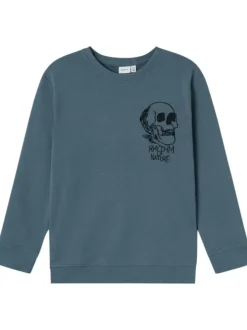 Sweat en coton biologique bleu chiné avec un col rond et une tête de mort brodée