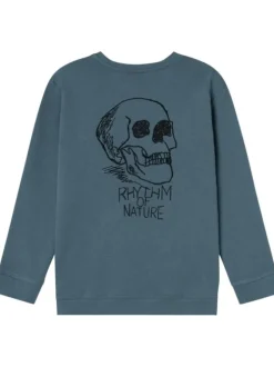 Sweat en coton biologique bleu chiné avec un col rond et une tête de mort brodée