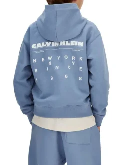 Sweat en coton bleu uni avec une coupe droite et une capuche