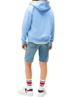Sweat en coton bleu uni pourvu d'un col à capuche et fermeture à glissière
