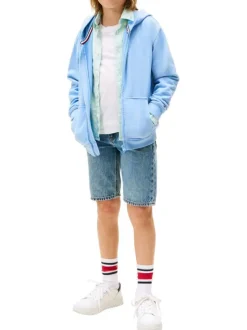 Sweat en coton bleu uni pourvu d'un col à capuche et fermeture à glissière