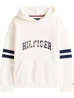 Sweat en coton écru uni pourvu d'un col à capuche et d'un imprimé oversize