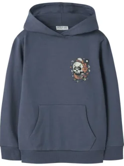 Sweat en coton indigo uni pourvu d'un imprimé tête de mort et d'une coupe droite
