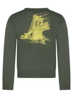Sweat en coton kaki à coupe droite avec un col rond et un logo imprimé