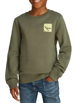 Sweat en coton kaki uni avec une coupe droite un col rond et le logo imprimé