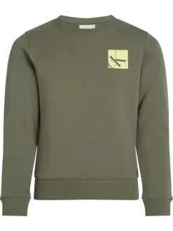 Sweat en coton kaki uni avec une coupe droite un col rond et le logo imprimé