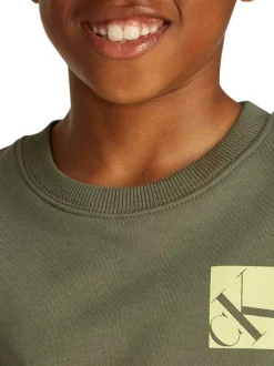Sweat en coton kaki uni avec une coupe droite un col rond et le logo imprimé