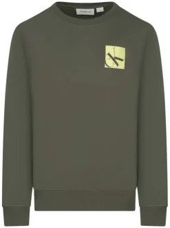 Sweat en coton kaki uni avec une coupe droite un col rond et le logo imprimé